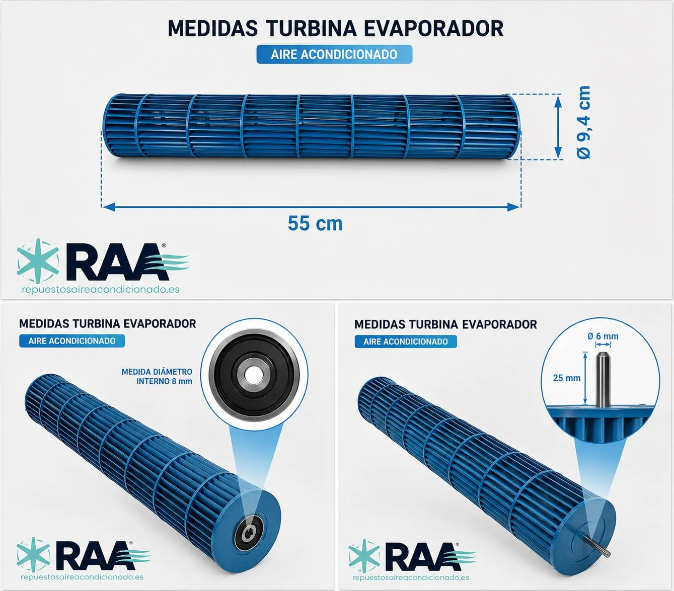 Ejemplo de cómo medir una turbina de evaporador de aire acondicionado: largo, diámetro y eje
