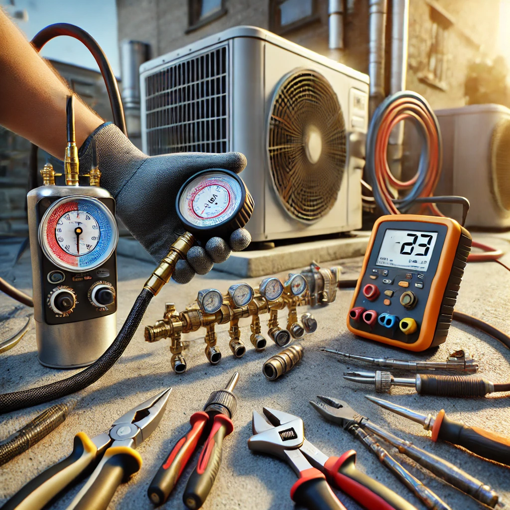 Herramientas esenciales para técnicos en reparación de aire acondicionado.